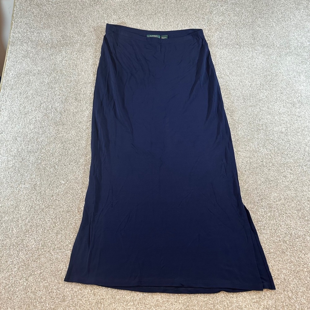 Lauren Ralph Lauren Petite Navy Blue Rayon Maxi Skirt Side Slit Size PM *spot*